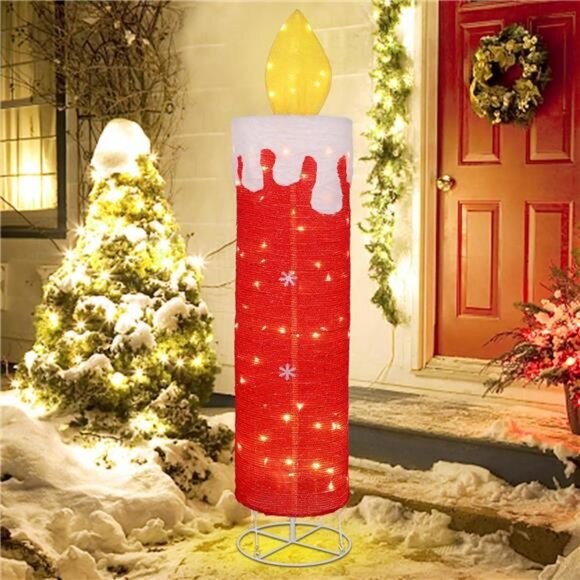 5.2 FT Christmas Lighted Decor Candle, Red Glitter 3D with Flickering Flame - Picture 1 of 8
